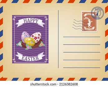 Easter envelope paper mail with a Easter Eggs, stamp, vintage. Vector illustration