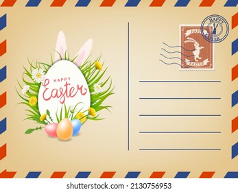 Easter envelope paper mail with a Easter Eggs, Bunny, stamp, vintage. Vector illustration