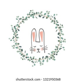 Easter Eucalyptus Wreath with a Sweet Bunny. Vector illustration