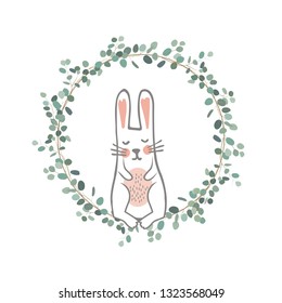 Easter Eucalyptus Wreath with a Sweet Bunny. Vector illustration