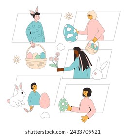 Easter event. Exchange gifts. People with eggs, bunny ears celebration spring holiday together online. Friends and family take part on Easter egg hunt party. Vector flat illustration.