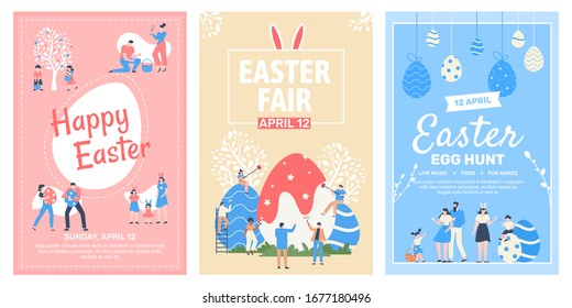 Easter event fair flyer. Happy easter celebrating event posters, spring holiday fair, family spring egg festival isolated vector illustration set. Easter fair poster, celebration event promotion