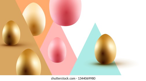 Osterdesign mit goldfarbenen und pastellfarbenen Ostereiern. Vektorgrafik.