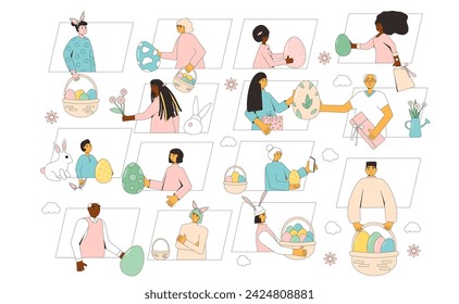 Easter event. People with eggs, bunny ears celebration spring holiday together online. Friends and family take part on Easter egg hunt party. Vector flat illustration isolated on white background.