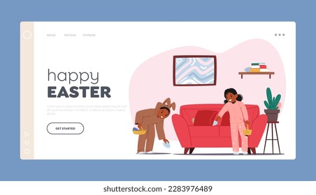 Easter Events Landing Page Template. Kids Eagerly Search For Colorful Easter Eggs In Their Home. Concept of Excitement Of The Holiday, Family Activities. Cartoon People Vector Illustration
