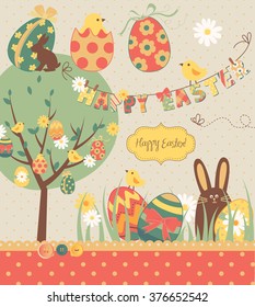 Easter Extravaganza. Big Easter set with cute chocolate rabbit, colorful eggs, chicks, Easter tree and a Clothesline with letters on it. Ideal for scrapbooking