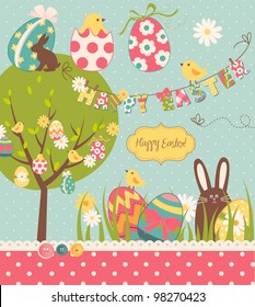 Easter Extravaganza. Big Easter set with cute chocolate rabbit, colourful eggs, chicks, Easter tree and a Clothesline with letters on it. Ideal for scrapbooking