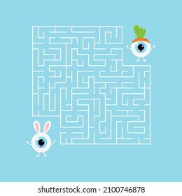 Easter eyeball kids maze game. Help cut eye ball boy with bunny rabbit ears costume to find right way to his friend in carrot cap in labyrinth. Vector flat design puzzle illustration in cartoon style.