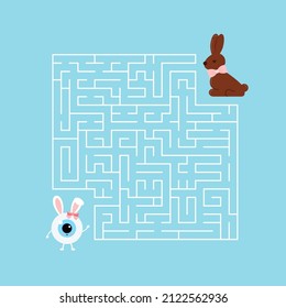 Easter Eyeball Kids Maze Game. Help Eye Ball Girl With Bunny Ears To Find Right Way To Easter Chocolate Rabbit Candy In Labyrinth. Vector Flat Design Optician Kid Puzzle Illustration In Cartoon Style