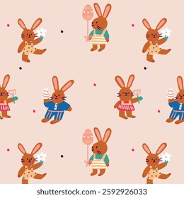 Easter fabric seamless pattern design featuring bunnies holding decorated eggs, perfect for Easter holiday designs, social media templates, greeting cards, gift cards, prints, invitations.