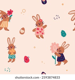 Easter fabric seamless pattern design featuring bunnies holding flowers and decorated eggs, perfect for Easter holiday designs, social media templates, greeting cards, gift cards, prints, invitations.