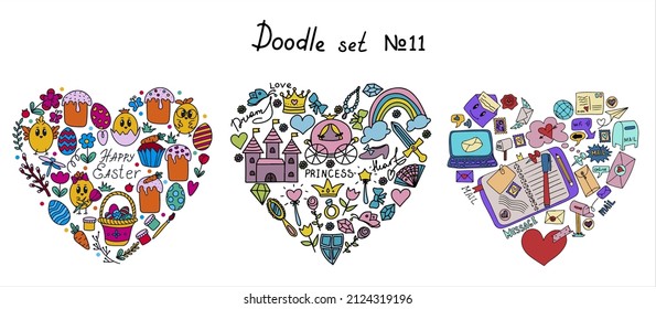 Easter, Fairy Tale Princess, mail doodles collections. Icons with paper envelopes, letters, email. Vector hand drawings ilustration isolated Background. Big set of sketches