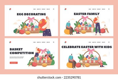 Easter Family Landing Page Template Set. Parents and Children Girls or Boys Wear Rabbit Ears Play and Hunt Eggs near Basket with Painted Eggs during Spring Holiday. Cartoon People Vector Illustration