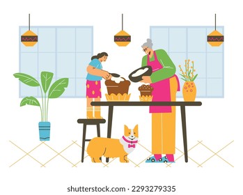 Easter family preparation with grandma and grandchild decorating Easter festive cakes and eggs in the kitchen, flat cartoon vector illustration on white background.