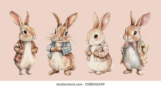 Easter Fashion Bunnies: Stylish Vector Illustration with Editable Elements and Four Outfits