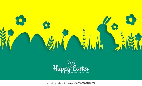 Easter featuring rabbits and Easter eggs. Horizontal Easter background with rabbits, flowers, and Easter eggs.