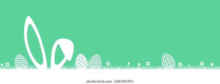 Easter featuring rabbits and Easter eggs. Horizontal Easter background with rabbits, flowers, and Easter eggs.