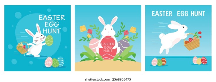 Easter festival with cute bunnies.Easter Egg Hunt with cute bunnies and colored eggs. A fun Easter Egg hunt contest. Easter 2025 concept. Set flat vector illustration.