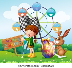 Easter festival with girl and bunny in the park illustration