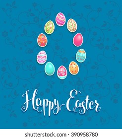 Easter festive backgound for design card, banner,ticket, leaflet and so on.Template page with handwritten inscription Happy Easter. Holiday card.