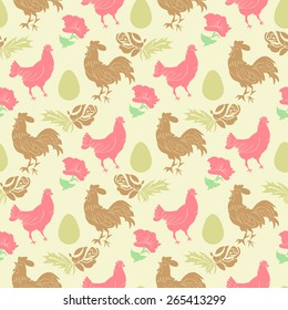 Easter. Festive background with chicken, rooster, eggs and flowers. seamless