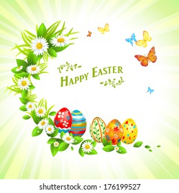 Easter festive background with flowers and eggs. Vector illustration with place for text