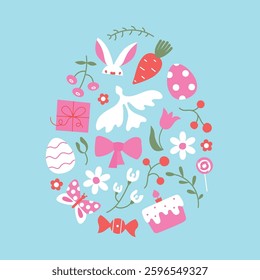 Easter festive banner, card template. Spring cute vector egg shape frame with bow, flowers, sweets.