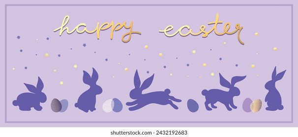 Easter festive banner with rabbit silhouettes, easter eggs and stars. Decorated with handwritten phrase Happy Easter. Vector illustration
