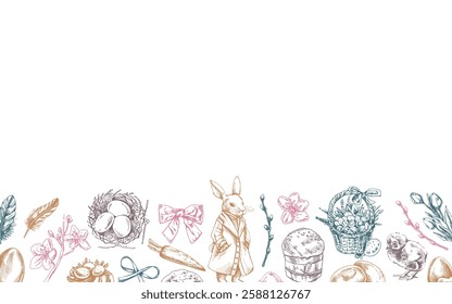 Easter festive border with rabbit, chick, eggs, bow, willow, feathers, floral elements