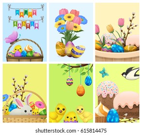 Easter festive cartoon concepts set. Bright vector compositions witt spring flowers, painted eggs, sweets and pastry, bunny and birds. Easter symbols illustration for holiday invitation, greeting card