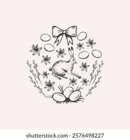 Easter festive composition with rabbit, willow branches, flowers, easter eggs. Vector background for congratulations on the bright Christian holiday, invitation. Design engraved card for print, flyer