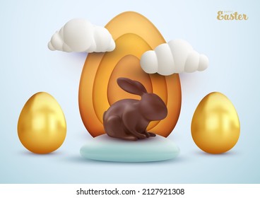 Easter festive composition in realistic 3d cartoon style. Colorful chocolate rabbit, white clouds and golden eggs. Holiday trendy background design for banner, cover, ads. Minimal vector illustration.