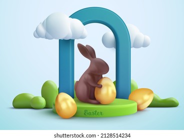 Composición festiva de Semana Santa con un estilo de dibujos animados realistas en 3d. Conejo de chocolate colorido y huevos dorados bajo arco. Diseño de fondo de moda para banner, portada, anuncios. Ilustración vectorial mínima.