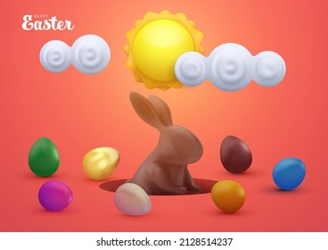 Easter festive composition in realistic 3d cartoon style. Сhocolate rabbit in hole with colorful eggs. Holiday trendy background design for banner, cover, ads. Minimal vector illustration.