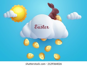 Easter festive composition in realistic 3d cartoon style. Сhocolate rabbit on white cloud with falling gold eggs. Holiday trendy background design for banner, cover, ads. Minimal vector illustration.