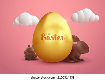 Easter festive composition in realistic 3d cartoon style. Сhocolate rabbit with golden egg and little bunny. Holiday trendy background design for banner, cover, ads. Minimal vector illustration.