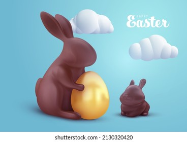 Easter festive composition in realistic 3d cartoon style. Сhocolate rabbit with golden egg and little bunny. Holiday trendy background design for banner, cover, ads. Minimal vector illustration.