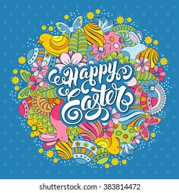 Easter Festive Doodle Card with Hand Drawn Elements of Spring Holidays and Calligraphic Lettering Inscription Happy Easter on Blue Polka Dots Background. Vector Illustration.