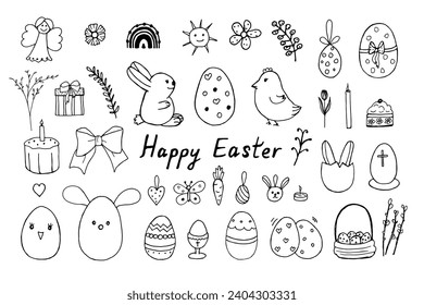 Easter festive doodle set. Hand lettering Happy Easter, doodle style. Black and white vector illustration. Ornated eggs, cake, decorations for Easter holiday.