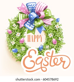 Easter Festive Grass Wreath with Bow on Beige Background