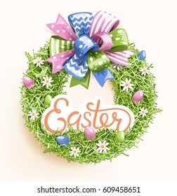 Easter Festive Grass Wreath with Bow Egg Flower on Beige Background