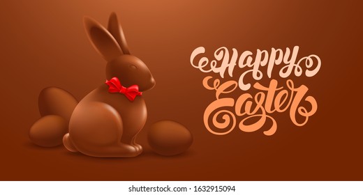 Easter festive greeting card design with chocolate bunny and chocolate eggs, delicious sweet gift to Easter holiday. Calligraphic inscription Happy Easter. Vector illustration. 