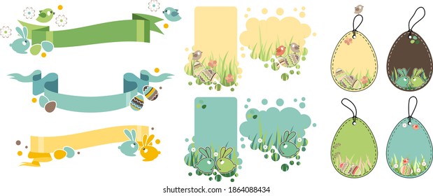 Easter festive labels and stickers isolated on white background. Funny rabbits, birds and painted eggs.