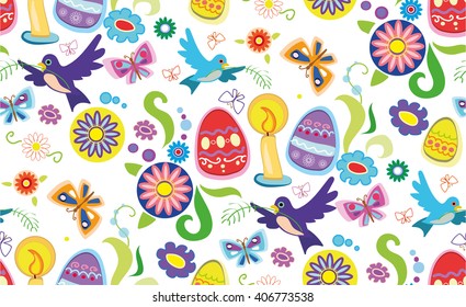 Easter festive pattern with birds , eggs , flowers , butterflies