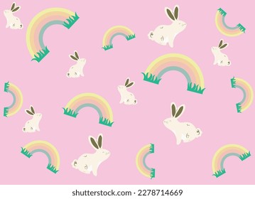 Pascua, conejo festivo, arco iris, la alegría de Pascua. El fondo es de tonos pastel. Ilustración vectorial de Pascua.