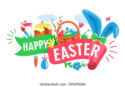 Easter Festive Ribbon Concept with Rabbit Wicker Basket Eggs Cake and Paint Brush Isolated on White Background