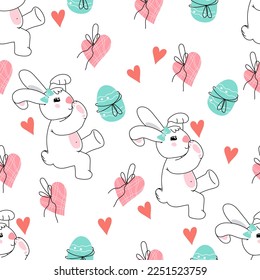 Easter festive seamless pattern design with rabbits and eggs, flat vector illustration isolated on white background. Design element for spring holiday greeting cards and posters, gifts wrapping.