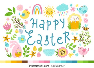 Easter festive set. Spring vector illustration in simple cartoon hand-drawn style. Cute doodle animals, birds and flowers. Easter cake and eggs. Funny childish Lettering