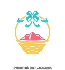 Easter festive straw basket full of painted chicken eggs decorated by bow ribbon icon vector flat illustration. Spring Christianity religious holiday traditional gift elegant greeting eggshell present