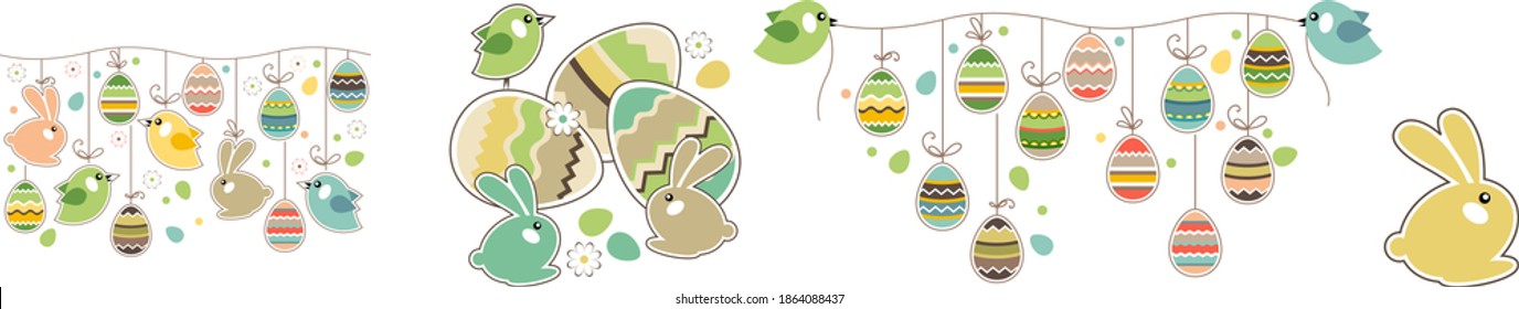 Easter festive symbols isolated on white background. Funny rabbits, birds and painted eggs.